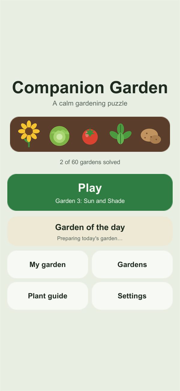 Companion Garden main menu